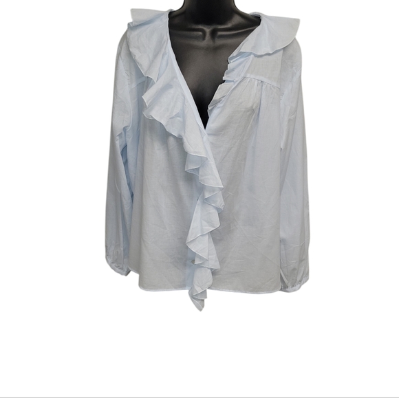 💙 ZARA Women's Romantic Blouse With Ruffles Sky Blue Size X-Large - Picture 2 of 12